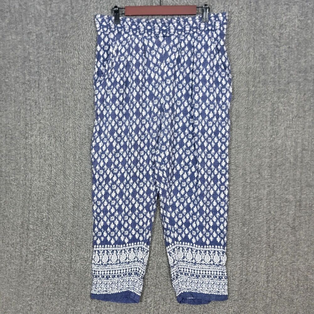 Oysho Pants Womens XL Blue White Floral Elastic Waist Relaxed Fit Boho Pull On